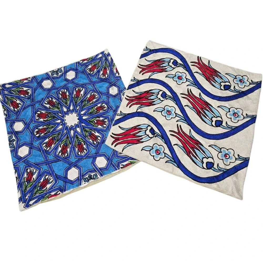 Handmade Turkish Embroidered Pillow Covers 2‎ Iznik Tulip Geometric Blue Cream